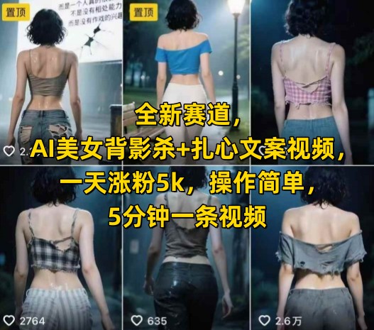 全新赛道，AI美女背影杀+扎心文案视频，一天涨粉5k，操作简单，5分钟一条视频 - 宏盛创业网-宏盛创业网