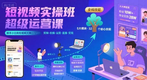 短视频实操班超级运营课，新手小白到短视频大神必修课程，剪辑-拍摄-运营-直播-变现 - 宏盛创业网-宏盛创业网