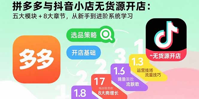 拼多多与抖音小店无货源开店：五大模块+8大章节，从新手到进阶系统学习 - 宏盛创业网-宏盛创业网