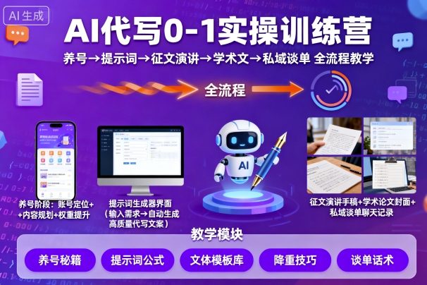 AI代写0-1实操训练营，从养号、提示词、征文演讲、学术文，到私域谈单的全流程教学 - 宏盛创业网-宏盛创业网