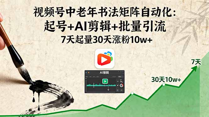 视频号中老年书法矩阵自动化：起号+AI剪辑+批量引流 7天起量30天涨粉10w+ - 宏盛创业网-宏盛创业网