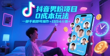 抖音男粉项目0成本玩法，一部手机即可操作，日均4张+，时间自由 - 宏盛创业网-宏盛创业网