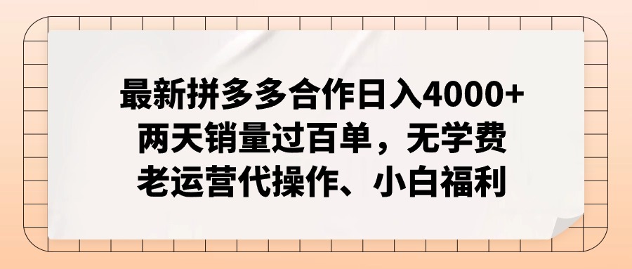 拼多多最新合作日入4000+两天销量过百单，无学费、老运营代操作、小白福利 - 宏盛创业网-宏盛创业网