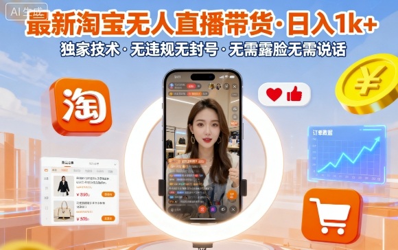 最新淘宝无人直播带货，日入1k+，独家技术，无违规无封号，无需露脸无需说话【揭秘】 - 宏盛创业网-宏盛创业网