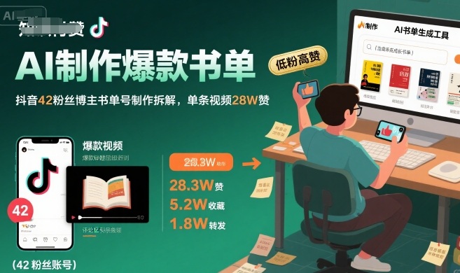 AI制作爆款书单，抖音42粉丝博主书单号制作拆解，单条视频28W赞 - 宏盛创业网-宏盛创业网