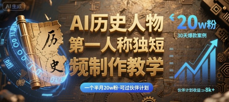 最新AI历史人物第一人称独白短视频制作教学，一个半月20w粉，可过伙伴计划 - 宏盛创业网-宏盛创业网