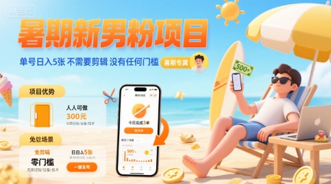 暑期新男粉项目 单号日入5张 不需要剪辑  没有任何门槛 - 宏盛创业网-宏盛创业网