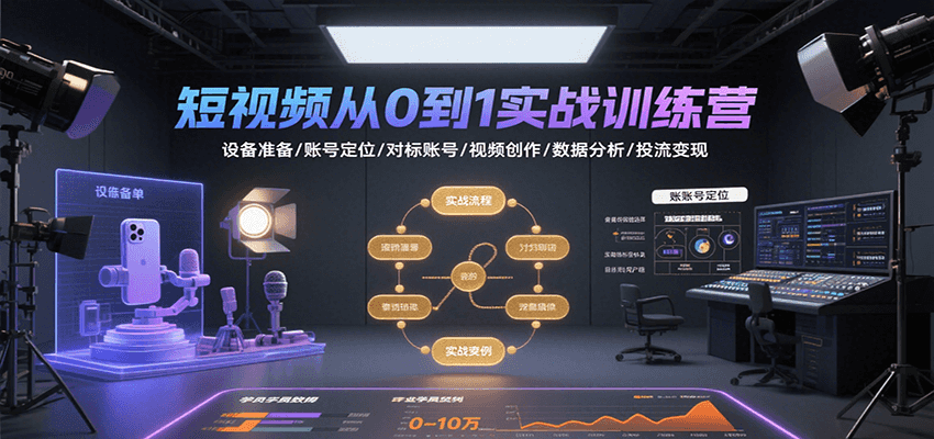短视频从0到1实战训练营：设备准备/账号定位/对标账号/视频创作/数据分析/投流变现 - 宏盛创业网-宏盛创业网