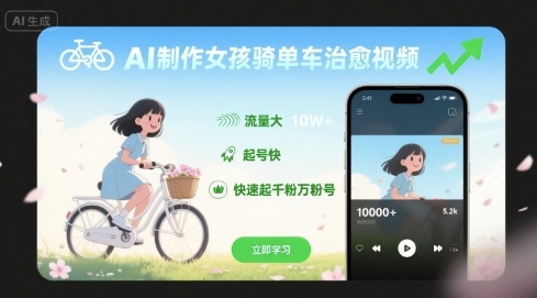 AI制作女孩骑单车治愈视频，流量大，起号快，快速起千粉万粉号 - 宏盛创业网-宏盛创业网