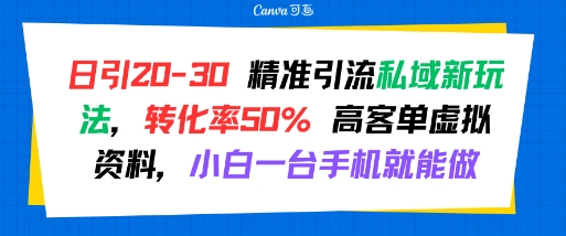 日引 20-30 精准引流私域新玩法，转化率50% 高客单虚拟资料，小白一台手机就能做 - 宏盛创业网-宏盛创业网