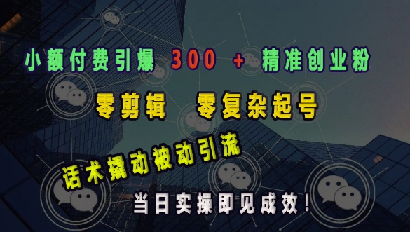 小额付费引爆 300 + 精准创业粉，零剪辑、零复杂起号，话术撬动被动引流，当日实操即见成效 - 宏盛创业网-宏盛创业网