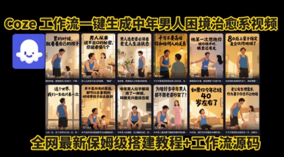 coze工作流一键生成”中年男人困境扎心高涨粉高播放量图文视频”保姆级拆解教程，无需剪辑，无需拍摄写文案 - 宏盛创业网-宏盛创业网