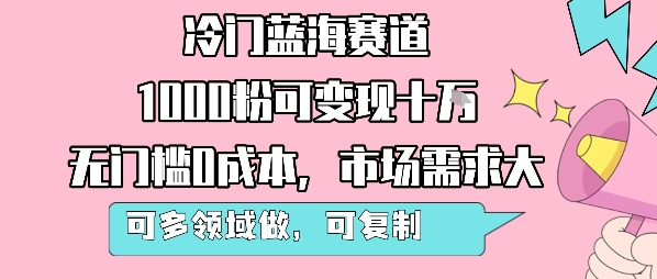 冷门蓝海赛道，1000粉可变现十W，无门槛0成本，市场需求大，可多领域做，可复制性强 - 宏盛创业网-宏盛创业网