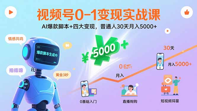 视频号0-1变现实战课：AI爆款脚本+四大变现，普通人30天月入5000+ - 宏盛创业网-宏盛创业网