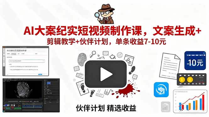 AI大案纪实短视频制作课，文案生成+剪辑教学+伙伴计划，单条收益7-10元 - 宏盛创业网-宏盛创业网