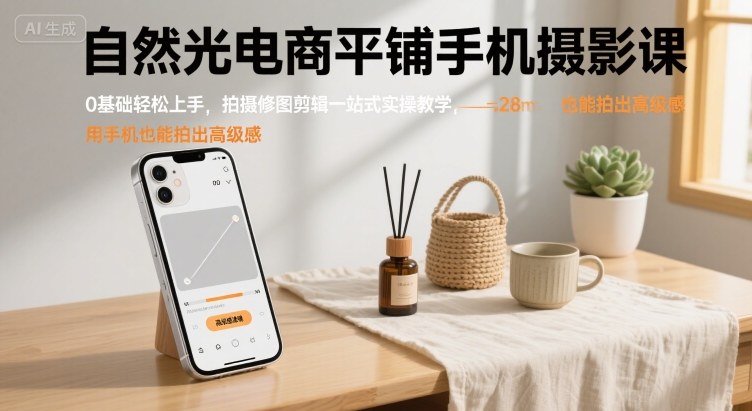 自然光电商平铺手机摄影课，0基础轻松上手，拍摄修图剪辑一站式实操教学，用手机也能拍出高级感 - 宏盛创业网-宏盛创业网