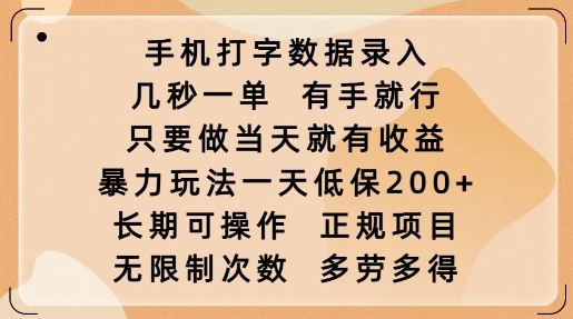 手机打字数据录入，几秒一单，有手就行，只要做当天就有收益，暴力玩法一天低保2张 - 宏盛创业网-宏盛创业网