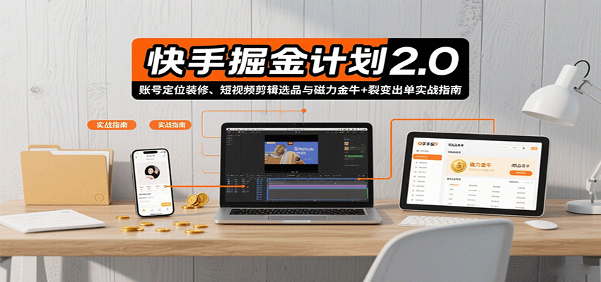 快手掘金计划2.0，账号定位装修、短视频剪辑选品与磁力金牛+裂变出单实战指南 - 宏盛创业网-宏盛创业网