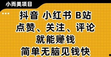 小而美的项目，抖音小红书B站视频点赞、关注、评论就能挣钱，简单无脑立见收益，妥妥的零撸项目【揭秘】 - 宏盛创业网-宏盛创业网